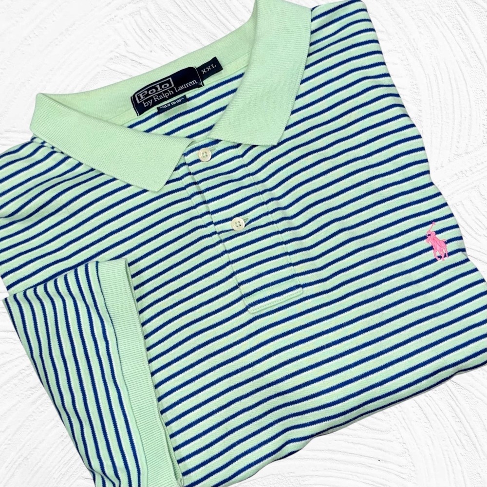 Polo Ralph Lauren Polo Shirt Short Sleeve Men Golf XXL Green Blue Striped